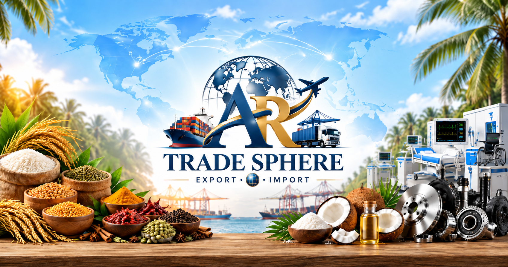 AR Trade Sphere global import and export network with agricultural products, logistics, industrial equipment and medical equipment